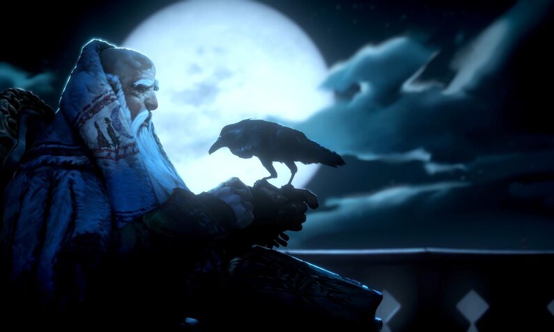 Älterer Mann in blauen Gewändern hält nachdenklich eine Rabenfigur in mondbeleuchteter Nacht. | © Moon Studios / Private Division/ TTWO