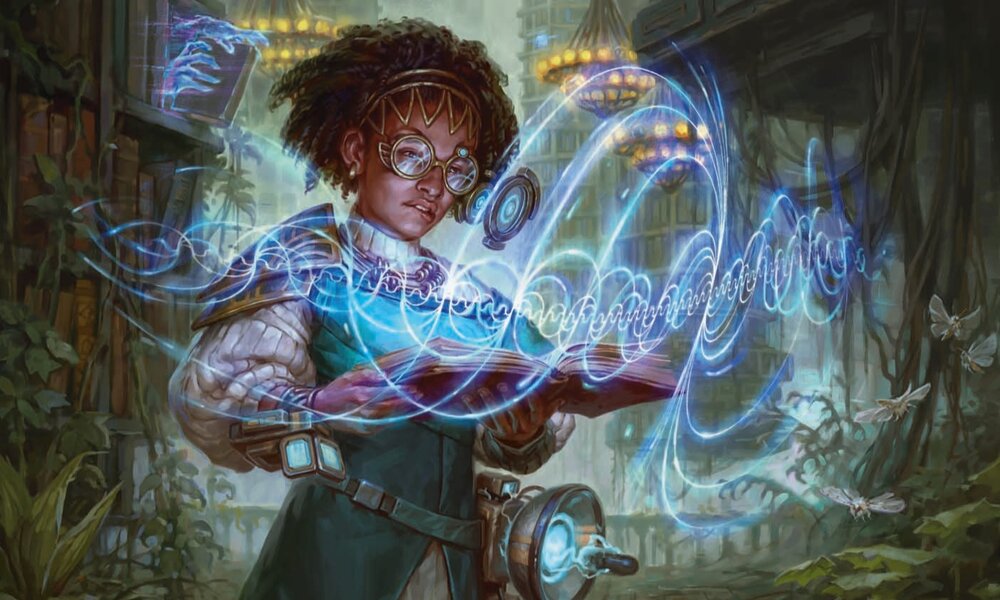 Zauberin mit technischer Ausrüstung und Brille liest ein Buch, aus dem blaue Magie in einem mystischen, überwucherten Raum aufsteigt. | © Wizards oft he Coast