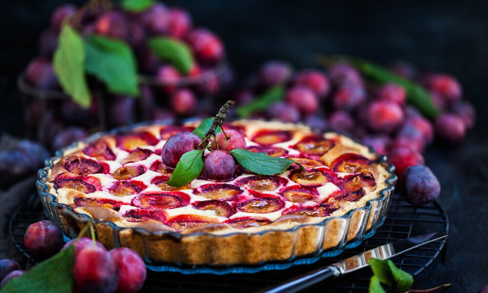 Pflaumen-Tarte in einer Glas-Tarteform, dahinter viele frische Pflaumen. | © Adobe Stock / kate_smirnova