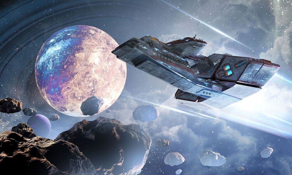 Ein großes Raumschiff schwebt neben einem leuchtenden Planeten mit Asteroiden. | © Gameforge
