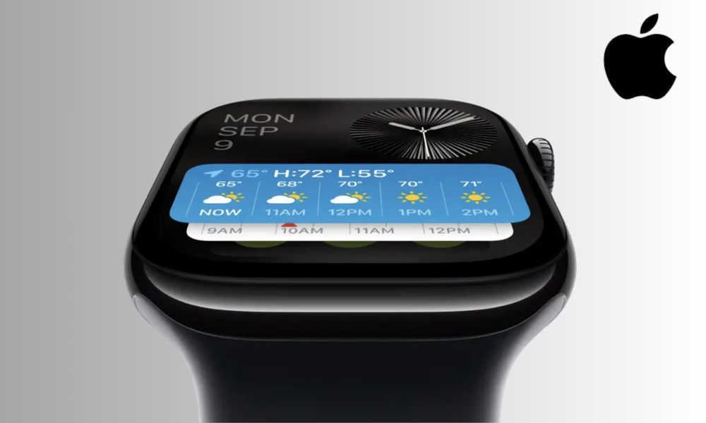 Schwarze Apple Watch Series 10 mit analoger Uhr und Wetter-Widget in einer schrägen Ansicht, zeigt Tagesprognose mit sonnigen Symbolen und Temperaturen, daneben das Apple-Logo | © Apple