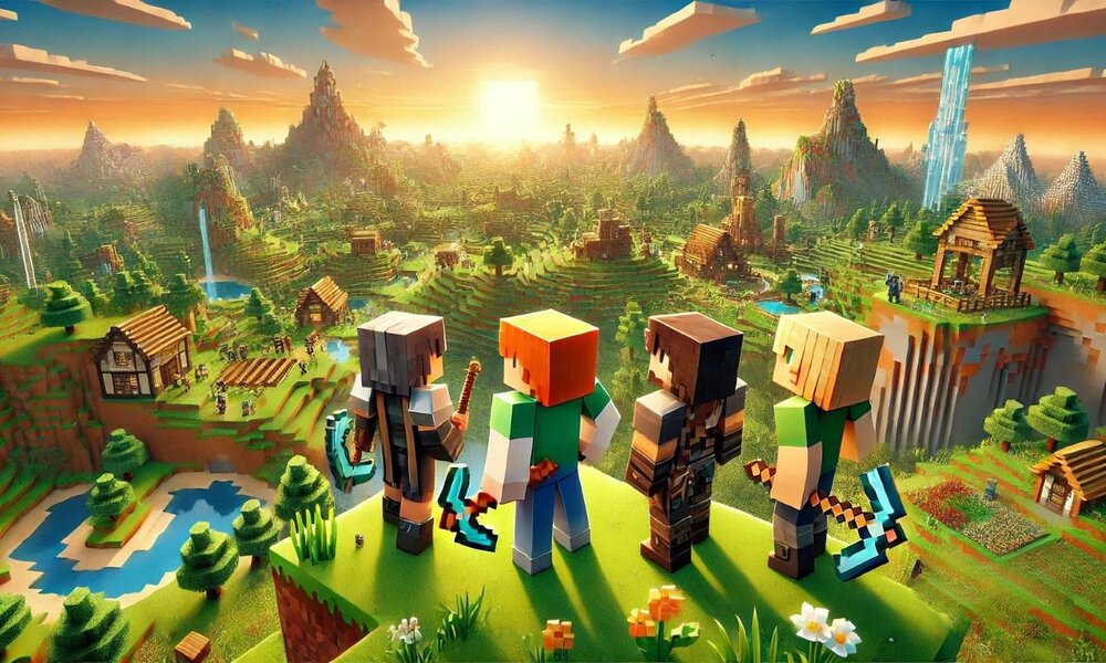 Vier Figuren mit Pixelköpfen stehen mit Schwertern in der Hand vor einer weiten, sonnigen Minecraft-Landschaft mit Hügeln, Wasserfällen und Dörfern. | © Sabrina Forst / KI generiert