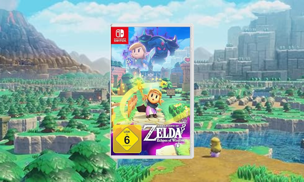 Szene aus „The Legend of Zelda: Echoes of Wisdom“: Zelda und ihre Begleiter in freier Umgebung zwischen Bäumen und Feslsen, in der Mitte die Spielhülle | © Amazon/Nintendo
