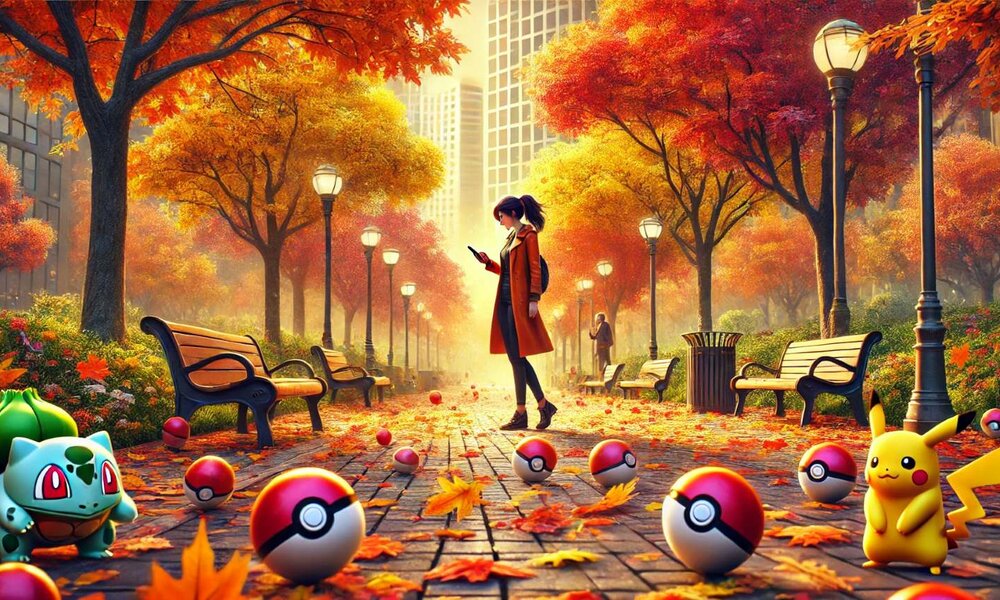 Eine Frau im roten Mantel schaut auf ihr Handy, während Pikachu und Bisasam im herbstlichen Park mit Pokébällen umgeben sind. | © Sabrina Forst / Ki generiert