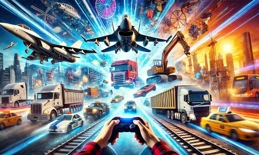 Hände mit einem Controller steuern ein Spiel, während LKWs, Flugzeuge und Autos in einer futuristischen Stadt in Bewegung sind. | © Sabrina Forst / KI generiert