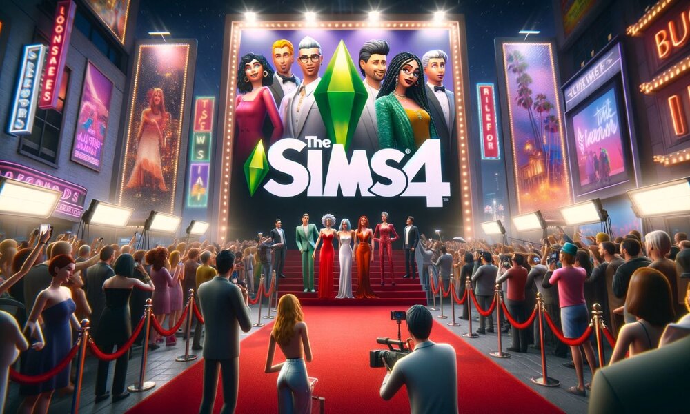 Acht stilvoll gekleidete Personen stehen auf einer Bühne vor einem großen "Sims 4"-Plakat, umgeben von Blitzlichtern und jubelnden Zuschauern. | © Sabrina Forst/ KI generiert