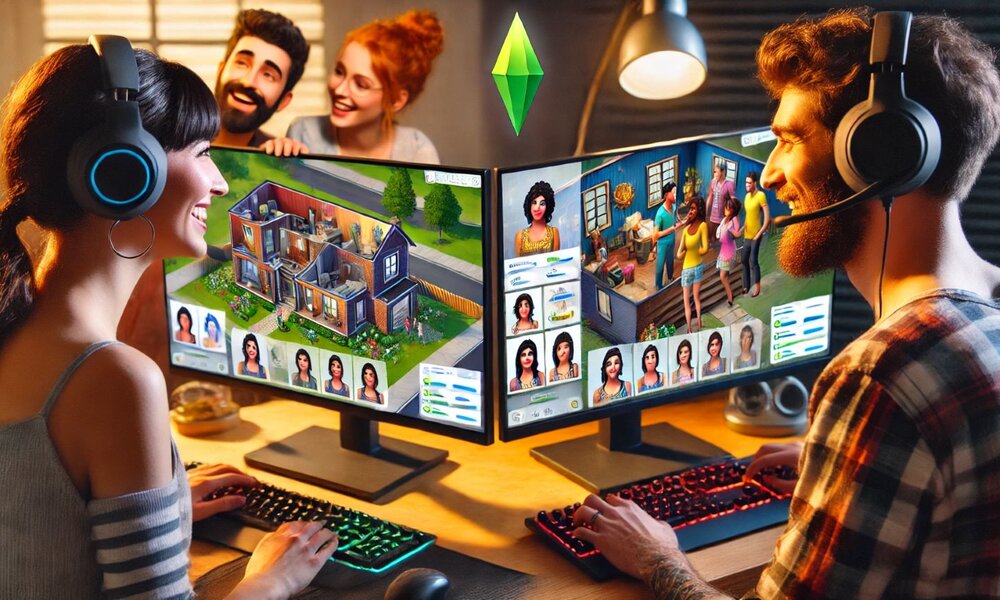 Ein lachendes Paar mit Headsets spielt "Sims" auf zwei Monitoren, während zwei Freunde im Hintergrund fröhlich zuschauen. | © Sabrina Forst / Ki generiert