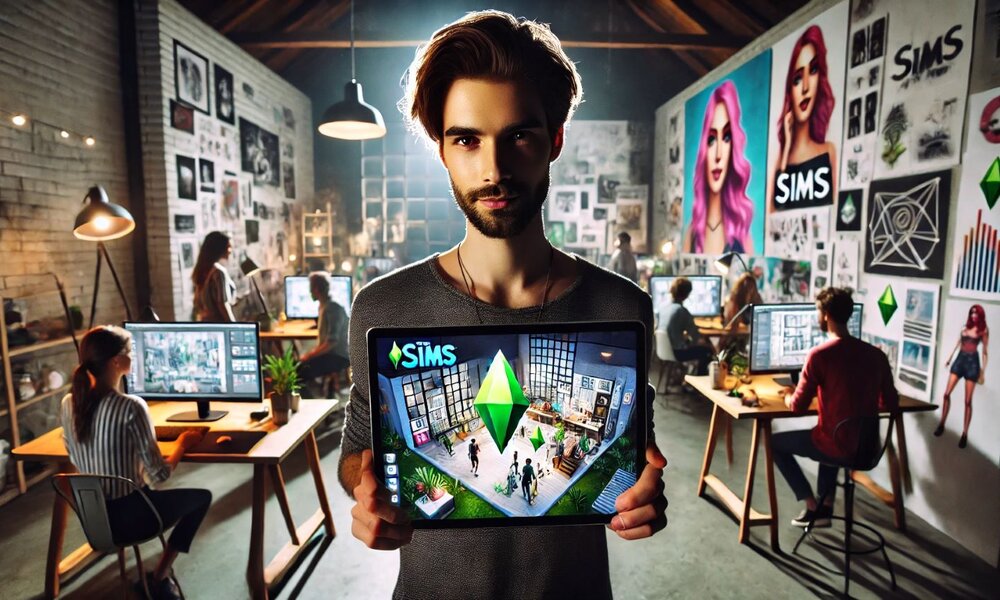 Ein junger Mann hält ein Tablet mit "Sims"-Designs hoch, während im Hintergrund ein kreatives Team an Computern arbeitet. | © Sabrina Forst / KI generiert