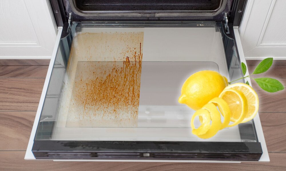 Verschmutzte Ofenscheibe neben frischer Zitrone und Zitronenschalen auf einem hellen Küchenboden. | © Adobe Stock/ Denys/ Amy Lv