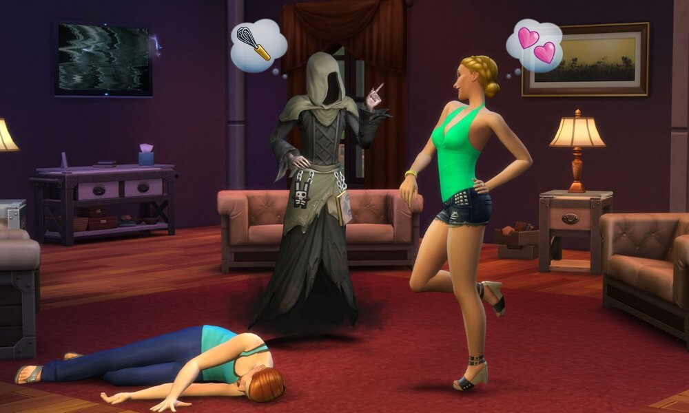Eine Frau in grünem Top flirtet mit dem Sensenmann, während eine andere bewusstlos am Boden liegt, im Raum läuft ein kaputter Fernseher. | © Electronic Arts / Die Sims 4