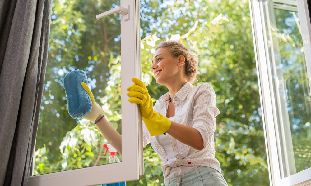 Junge blonde Frau in gelbem Gummihandschuh reinigt mit einem blauen Schwamm lächelnd ein geöffnetes Fenster bei Sonnenschein. | © Adobe Stock/ cherryandbees