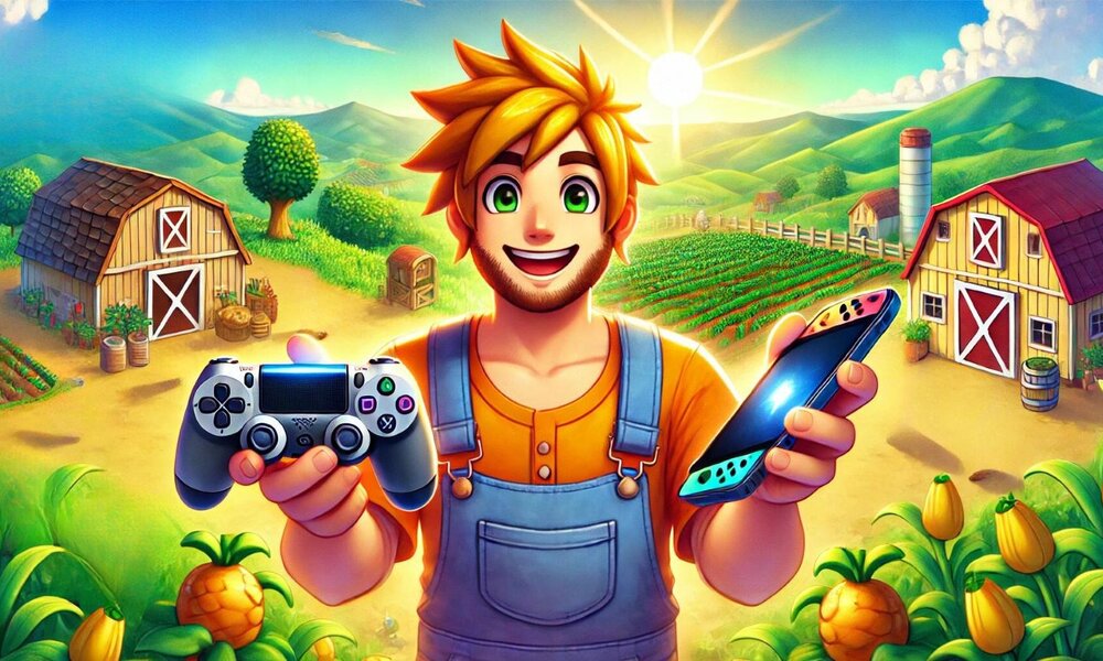 Ein junger Mann mit wildem blondem Haar und Latzhose hält strahlend einen Controller und ein Smartphone auf einer idyllischen Farm. | © Sabrina Forst / KI generiert