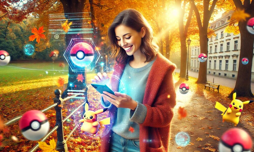 Eine Frau mit braunen Haaren und Smartphone fängt lachend virtuelle Pokémon in einem goldenen Herbstpark, umgeben von Pokébällen und Pikachu. | © Sabrina Forst / KI generiert