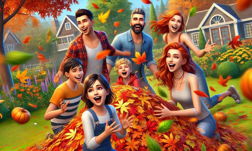 Kinder und Erwachsene lachen ausgelassen beim Spielen im Laub, während bunte Blätter in einem herbstlichen Garten herumwirbeln. | © Sabrina Forst / KI generiert