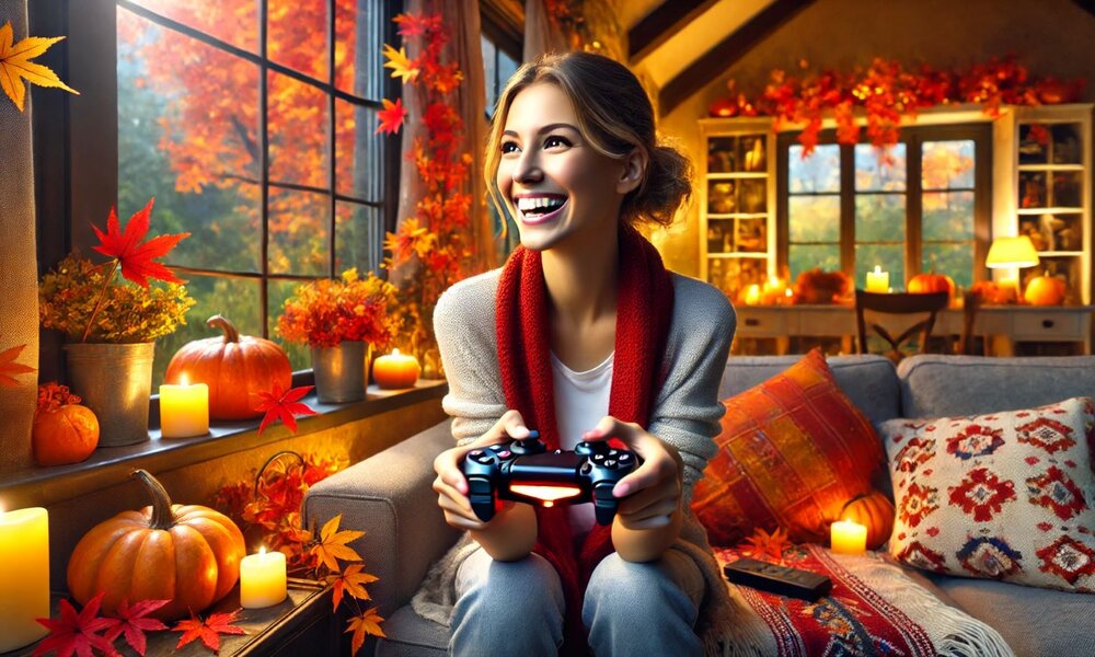 Junge Frau mit hochgesteckten Haaren spielt lachend Videospiel auf Sofa, umgeben von herbstlicher Deko und Kerzenlicht. | © Sabrina Forst / KI generiert