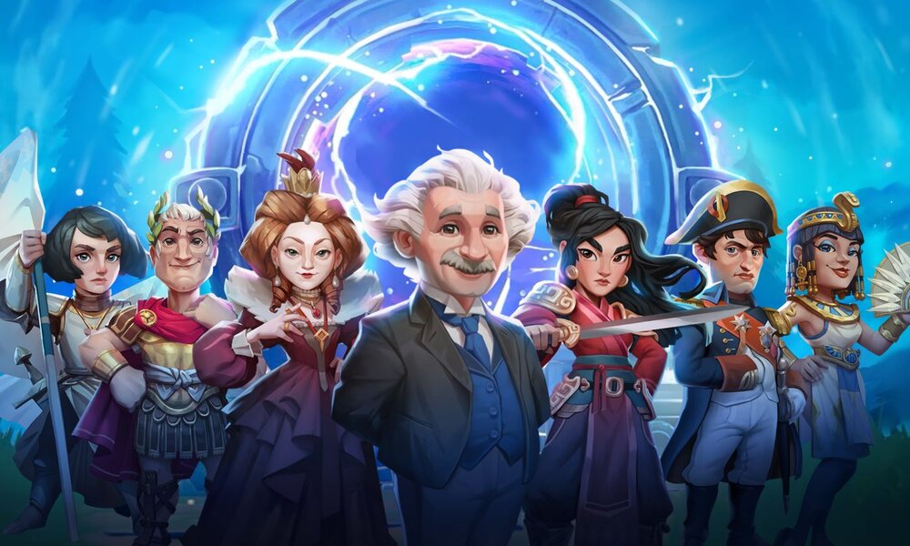Sieben historische Figuren, darunter Einstein, Cäsar und Kleopatra, stehen vor einem leuchtenden, magischen Portal unter blauem Himmel. | © InnoGames