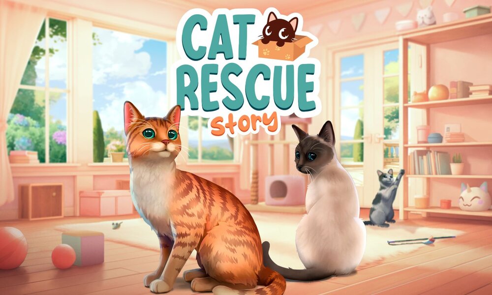 Zwei große Katzen, eine orange-weiß gestreifte und eine graue Siamkatze, sitzen in einem sonnendurchfluteten Wohnzimmer mit Spielzeug auf dem Boden. | © NACON und Tivola