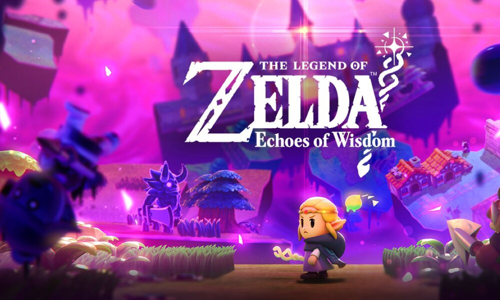 Junge Figur mit spitzen Ohren und blauer Robe steht vor einem violett beleuchteten, mystischen Wald mit Schriftzug „The Legend of Zelda: Echoes of Wisdom". | © Nintendo