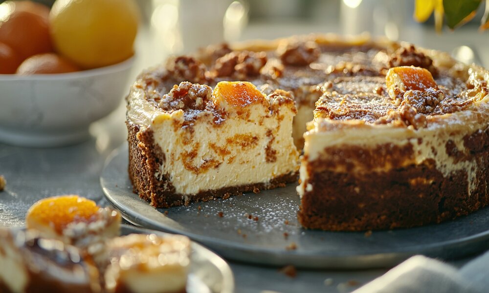 Angeschnittener Käsekuchen mit Orangenstückchen auf einem Kuchenteller, im Hintergrund unscharf Orangen in einer Schale. | © Adobe Stock / Sonya