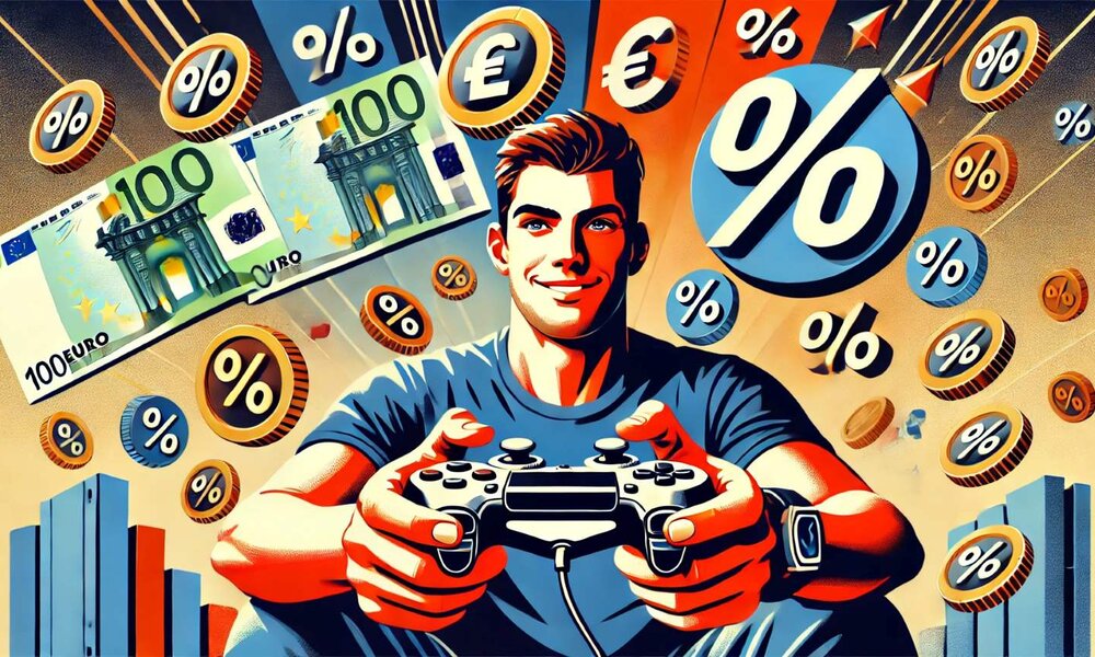 Ein lächelnder junger Mann in blauem T-Shirt hält einen Controller, umgeben von Euro-Scheinen, Münzen und Prozentzeichen. | © Sabrina Forst / KI generiert
