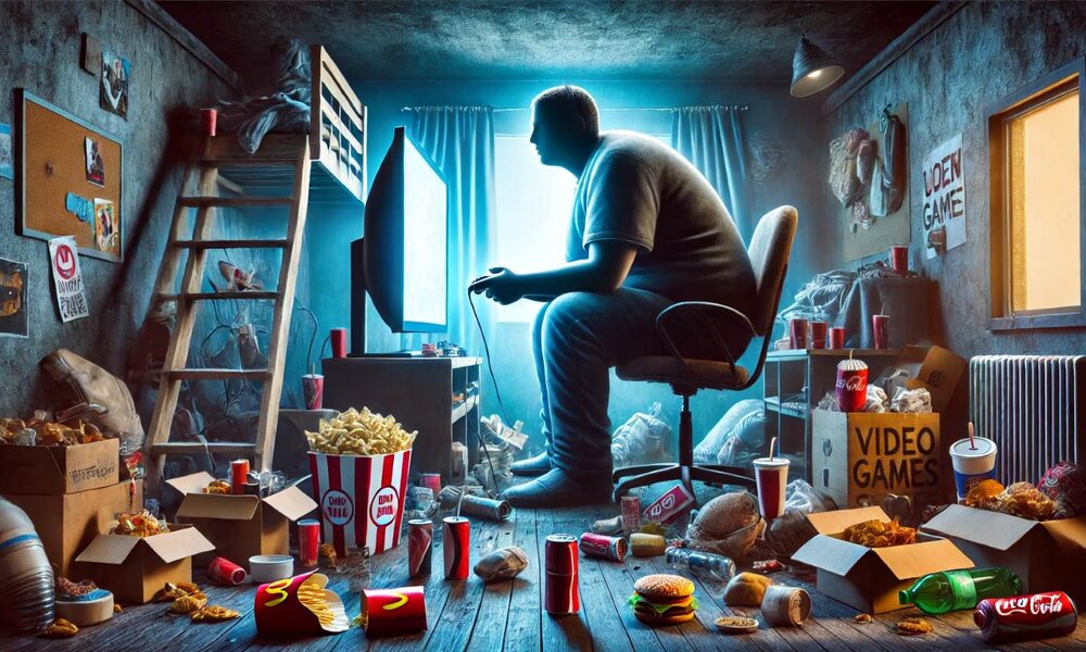 Ein junger Mann in grauem T-Shirt spielt konzentriert Videospiele in einem unordentlichen Zimmer voller Fastfood-Verpackungen und Getränkedosen. | © Sabrina Forst / KI generiert