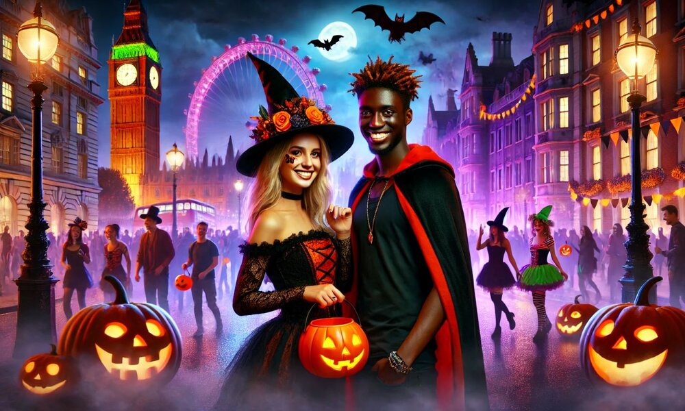 Paar in Halloween-Verkleidung, Hexe und Vampir, steht vor Londons Big Ben, umgeben von Kürbislaternen und festlich geschmückten Straßen. | © Sabrina Forst / KI generiert