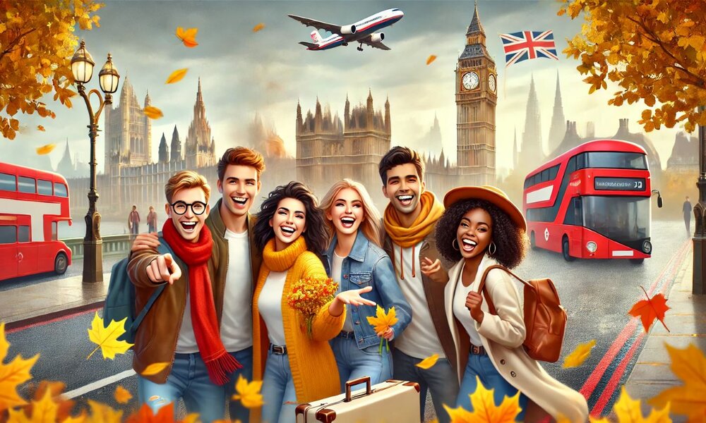 Sechs junge, lachende Freunde in herbstlicher Kleidung posieren fröhlich vor Big Ben und roten Doppeldeckerbussen in London, während ein Flugzeug über sie hinwegfliegt. | © Sabrina Forst / KI generiert