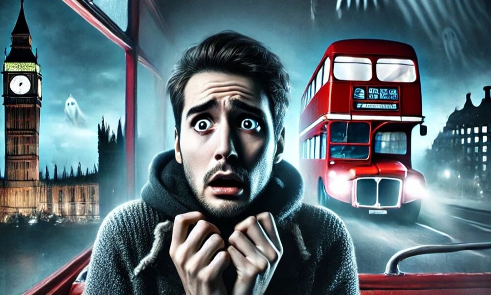 Ein verängstigter Mann mit großen Augen sitzt in einem Bus in London, während Geister und der Big Ben im Hintergrund erscheinen. | © Sabrina Forst / KI generiert