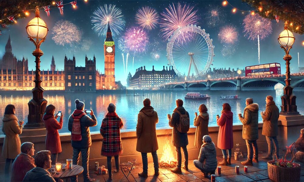 Eine Gruppe Menschen in Winterkleidung steht am Flussufer und beobachtet ein Feuerwerk über London mit Big Ben und dem London Eye im Hintergrund. | © Sabrina Forst / KI generiert