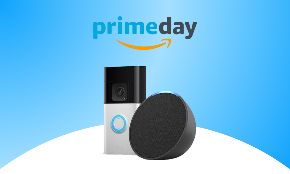 Das Logo ds Amazon Prime Day, darunter die Ring Videotürklingel neben einem Echo Pop in Schwarz | © Amazon