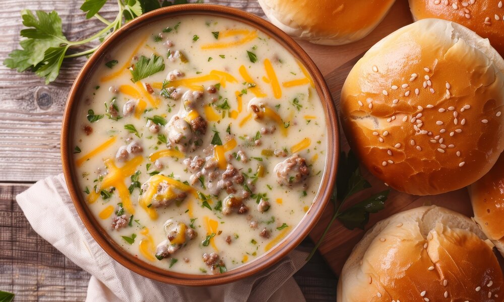 Cheeseburger-Suppe mit Hack und Zwiebeln in einer Suppenschüssel daneben Burger-Brötchen mit Sesam. | © Adobe Stock / LimeSky