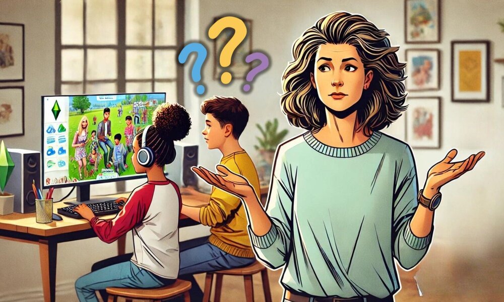 Eine Frau mit verwirrtem Gesichtsausdruck steht vor zwei Kindern, die konzentriert ein Computerspiel spielen, im hellen Raum. | © Sabrina Forst / KI generiert