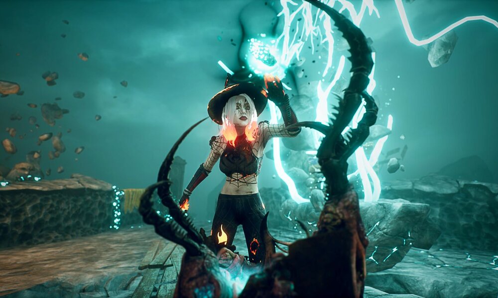Junge Frau mit schwarzem Hut und glühenden Schultern kanalisiert magische Energie auf ein Monster vor stürmischem Himmel. | © Behaviour Interactive