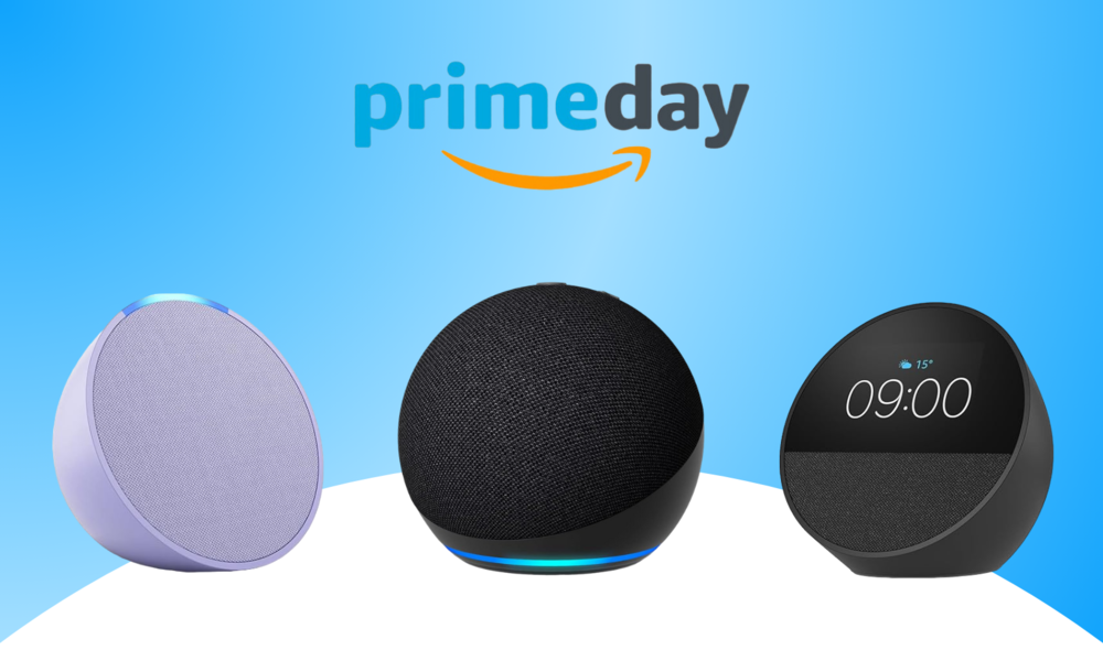 Das Logo des Prime Day 2024, darunter der Amazon Echo Pop in grau, sowie der Echo Dot und der Echo Spot in Schwarz | © Amazon