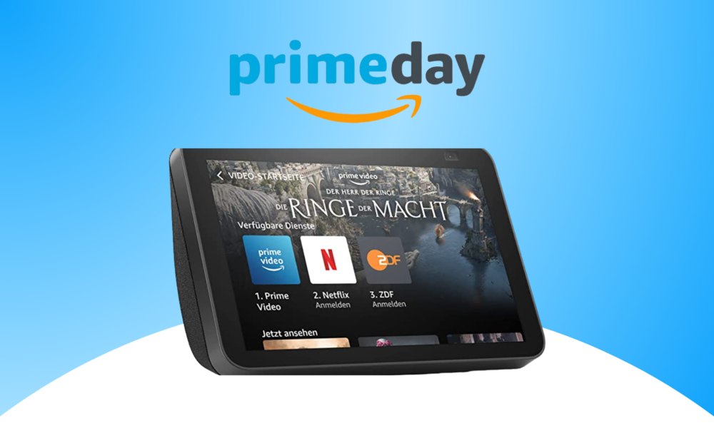 Das Logo des Prime Day 2024, darunter ein Echo-Display mit der Benutzeroberfläche, dabei u.a. das Logo von "Die Ringe der Macht" | © Amazon