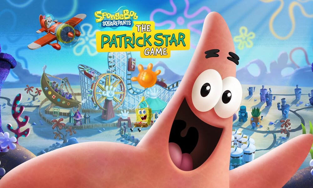 Patrick Star lächelt begeistert im Vordergrund, während SpongeBob in einem Freizeitpark mit Achterbahn und Riesenrad schaukelt. | © Outright Games