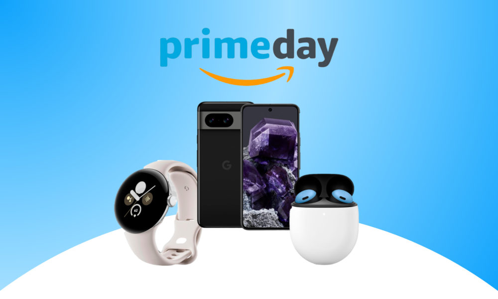 Das Logo des Prime Day 2024, darunter ein Google Pixel 8 in Schwarz, eine Google Pixel Watch in Silber und Google Pixel Buds in Weiß | © Amazon/Google