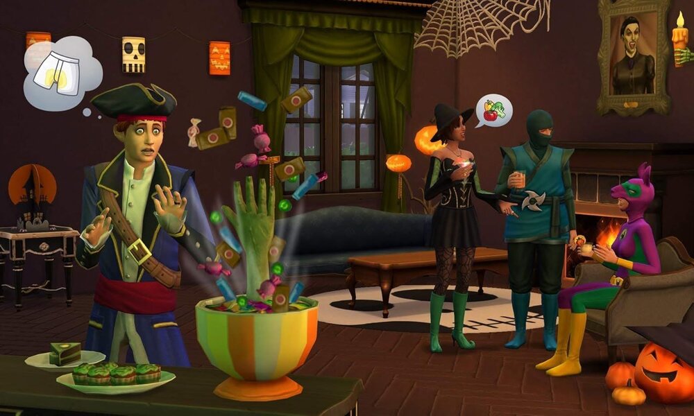 Ein erschrockener Mann im Piratenkostüm steht vor einer Schüssel mit schwebenden Süßigkeiten, während andere verkleidete Gäste im Hintergrund plaudern. | © Electronic Arts