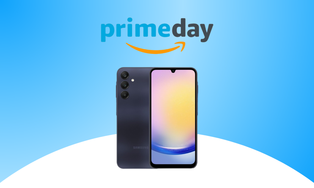 Das Logo des Amazon Prime Day 2024, darunter das Samsung Galaxy A55 in Schwarz mit bunten Farben auf dem Display. | © Amazon/Samsung