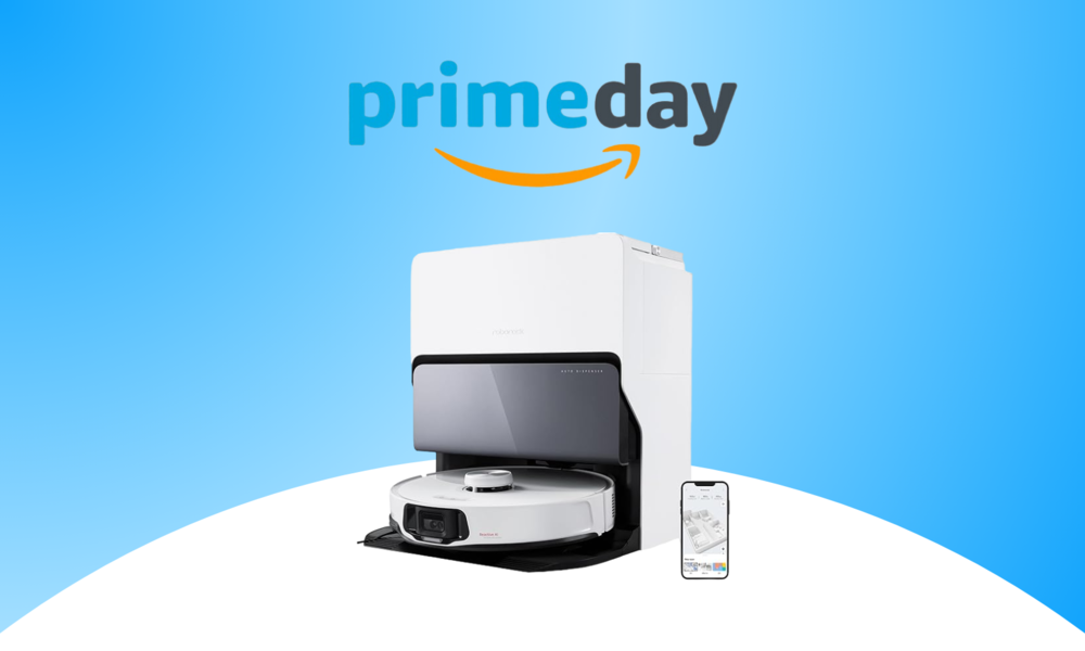 Das Logo des Amazon Prime Day 2024, darunter der roborock s8 MaxV Ultra Saugroboter mit Reinigungsstation in Schwarz und Weiß | © Amazon/roborock