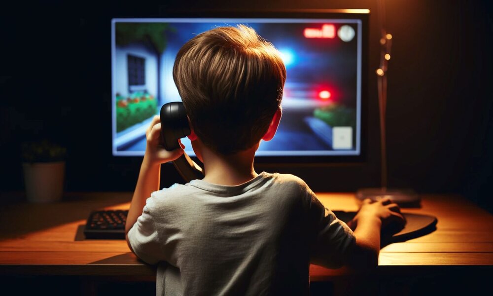 Ein Junge mit braunen Haaren sitzt vor einem Bildschirm, hält ein Telefon und steuert ein nächtliches Spiel mit einem Polizeiauto. | © Sabrina Forst / KI generiert