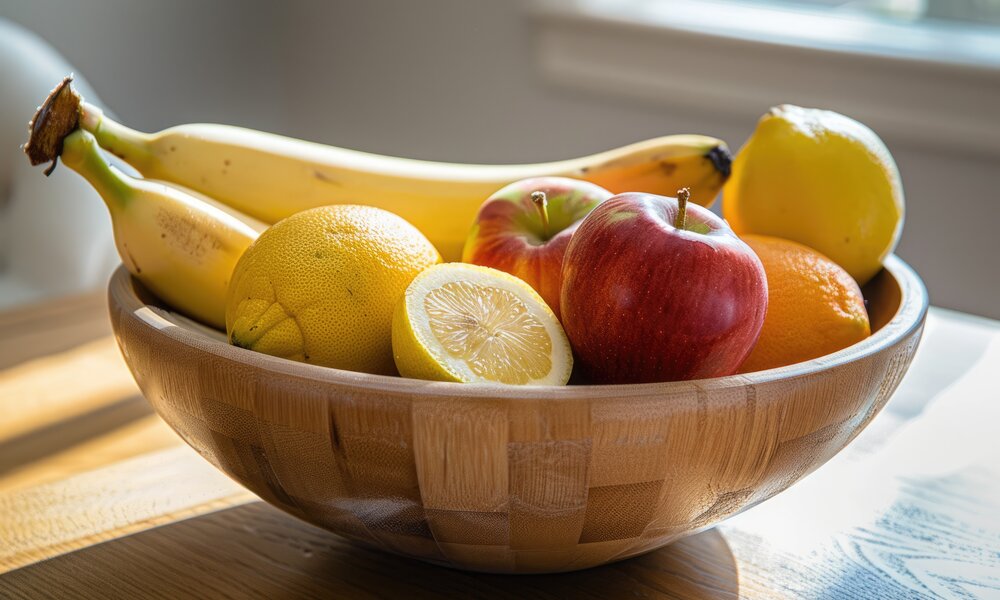 Eine Holzschale mit Bananen, Äpfeln, Zitronen und einer halbierten Zitrone steht auf einem sonnigen Holztisch. | © Adobe Stock/ Serhii