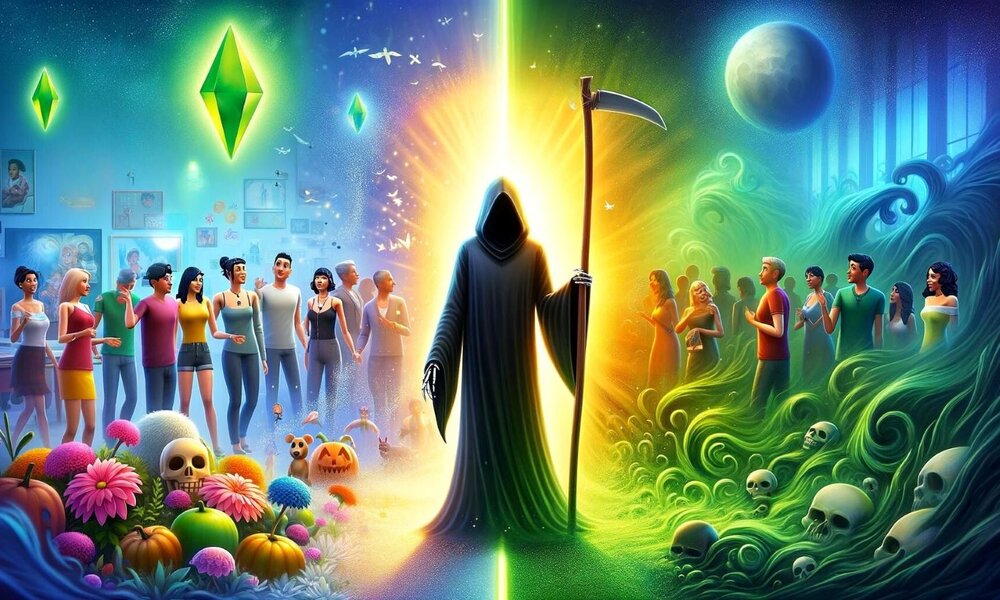 Der Sensenmann zwischen der bunten Sims Welt der Lebenden und der düsteren Sims-Welt der Toten | © Sabrina Forst / KI generiert