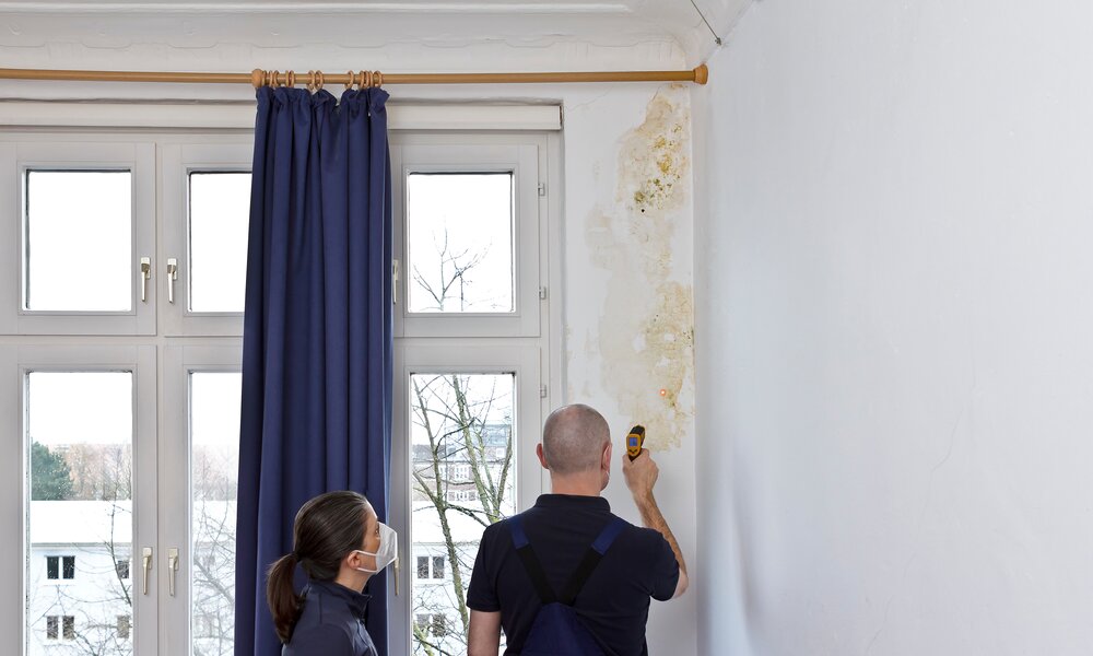 Ein Mann misst mit einem Gerät feuchte Wände neben einem Fenster, während eine Frau mit Maske aufmerksam zuschaut. | © Adobe Stock/ agenturfotografin