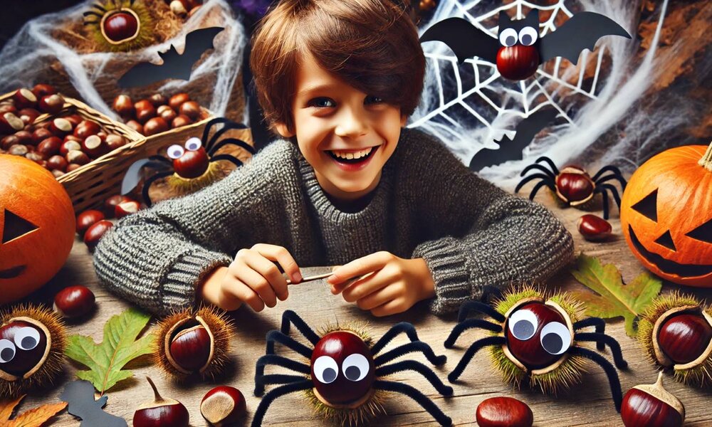 Ein fröhlicher Junge mit braunen Haaren bastelt Kastanientiere an einem Holztisch, umgeben von Kürbissen und Halloween-Dekorationen. | © Sabrina Forst / KI generiert