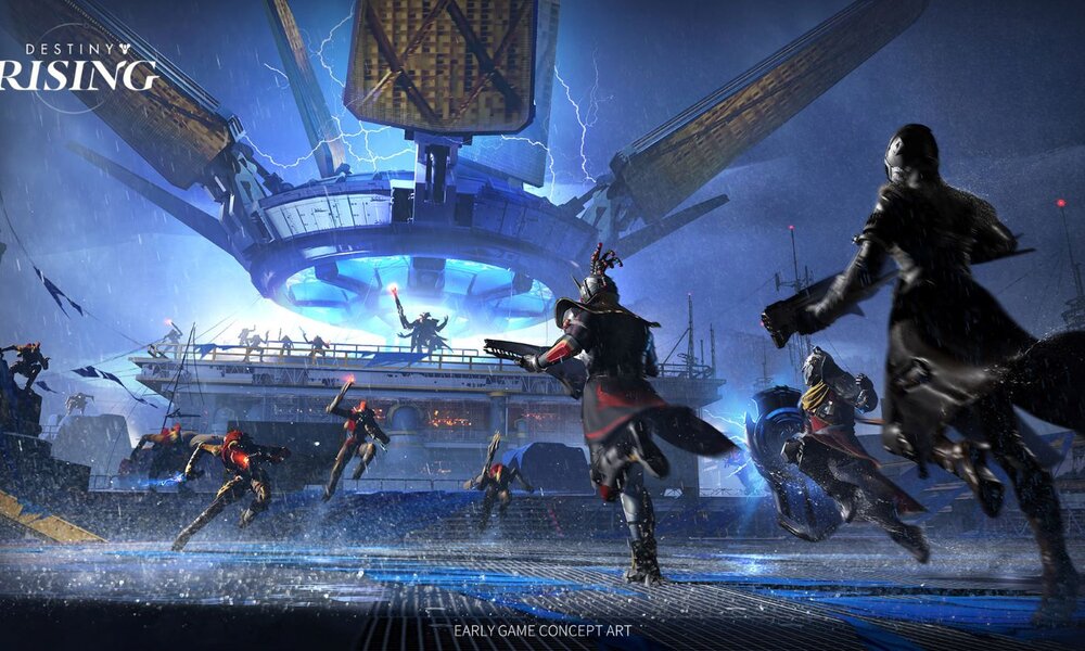 Mehrere futuristisch gepanzerte Kämpfer stürmen im Regen auf eine leuchtende, technische Anlage zu, während Blitze den dunklen Himmel erhellen. | © NetEase Games