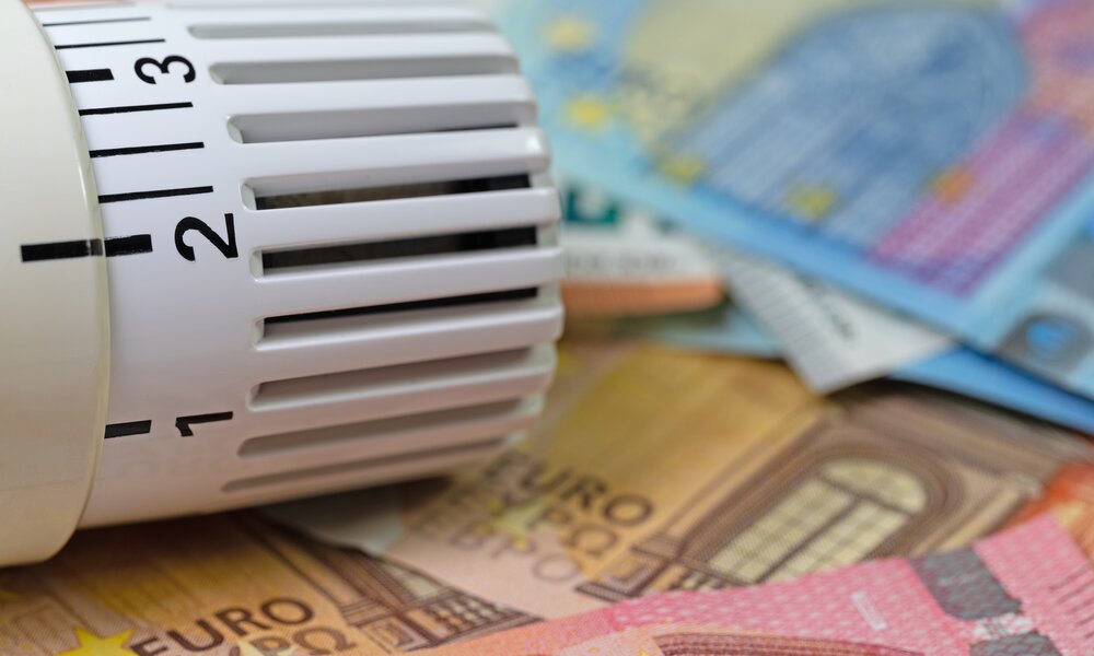 Ein Heizkörper und im Hintergrund Geld  | © Adobe Stock/ M. Schuppich