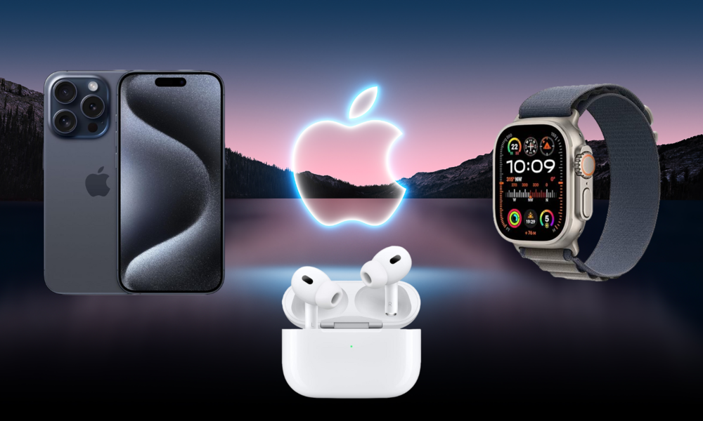 Malerische See- und Berglandschaft mit dem Apple-Logo als Hintergrund, davor das iPhone 16, die AirPods 4 und die Apple Watch 10 | © Amazon/Apple
