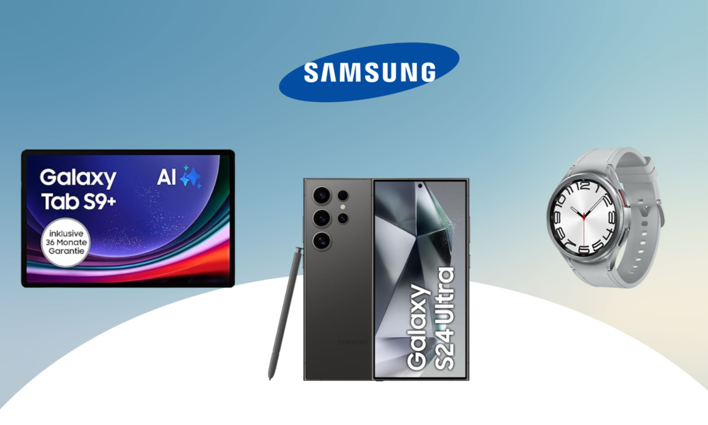 Das Logo von Samsung, darunter das Samsung Galaxy S24 Ultra, das Galaxy Tab S9 und die Galaxy Watch 6, alles in Schwarz | © Amazon/Samsung
