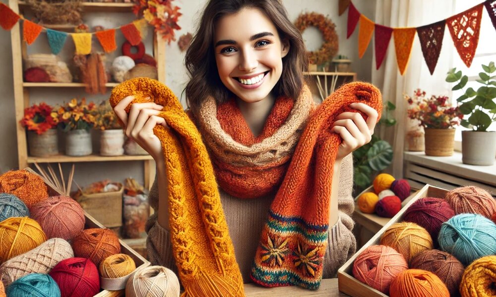 Junge Frau mit braunen Haaren hält strahlend zwei gestrickte Schals in Herbstfarben vor Regalen mit Garn und Deko. | © Sabrina Forst / KI generiert
